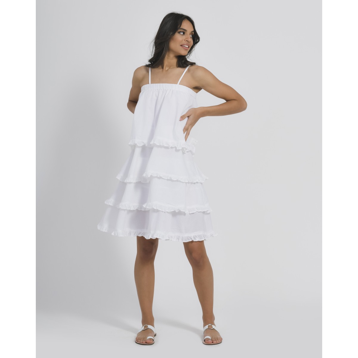 Short Dress in White Color-100%Cotton-One Size