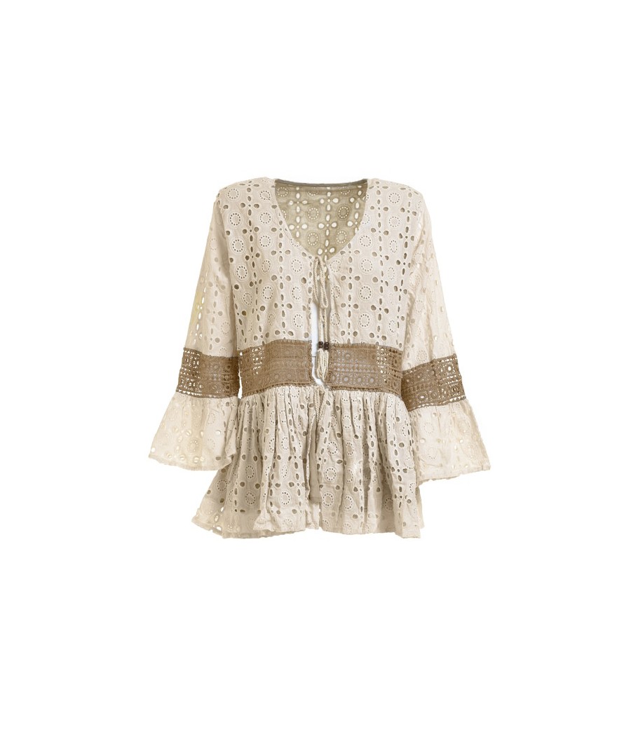 Short Kimono/Bluse with Long Slevees in Beige Color with Lace-One Size