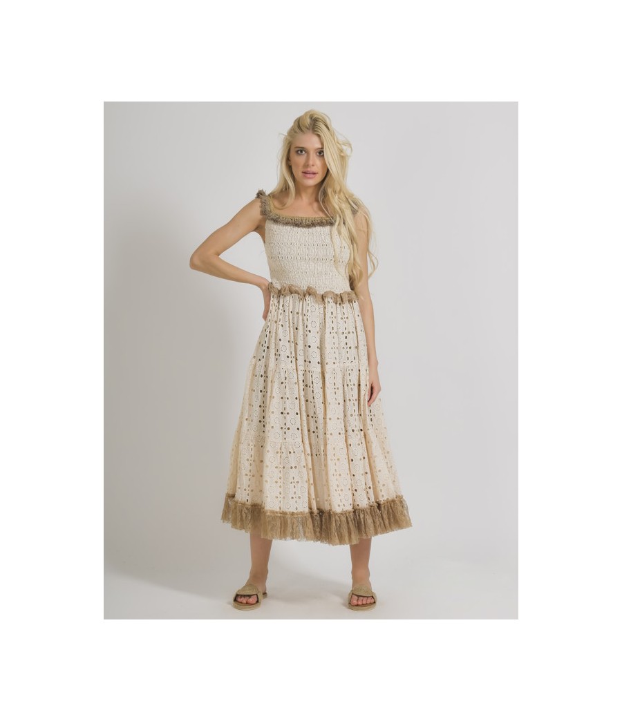 Sleeveless Dress in Beige Color with Lace-100%Cotton-One Size