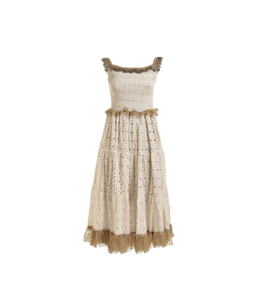 Sleeveless Dress in Beige Color with Lace-100%Cotton-One Size