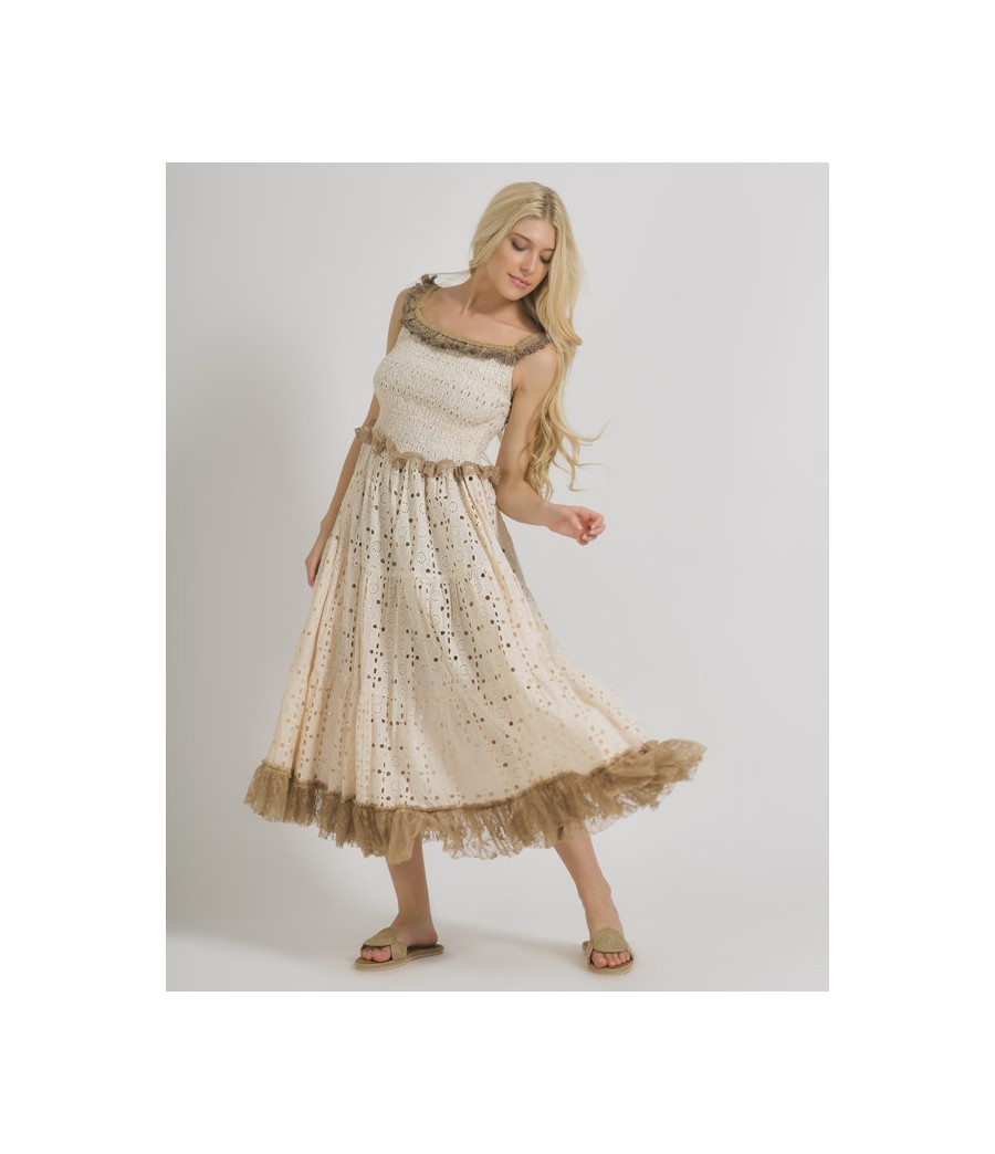 Sleeveless Dress in Beige Color with Lace-100%Cotton-One Size