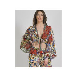 Set Pantaloni/Blusa in Crepe 100%-Fantasia Giallo/Rosso-One Size