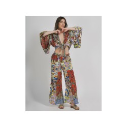 Set Pantaloni/Blusa in Crepe 100%-Fantasia Giallo/Rosso-One Size