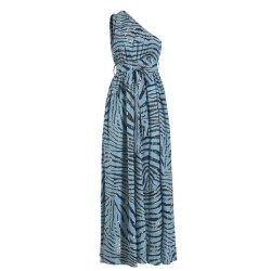 Abito Monospalla Stampa Animalier Blu con dettagli oro/Argento ( 100% Crepe)