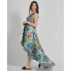 Abito Lungo Asimmetrico Multicolore con disegno ( 100%Crepe)
