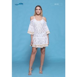 abito pizzo bianco con frange e pon-pon,ricamato a mano