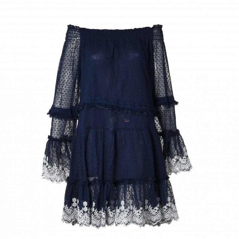 blue tulle dress with white lace wide sleeves