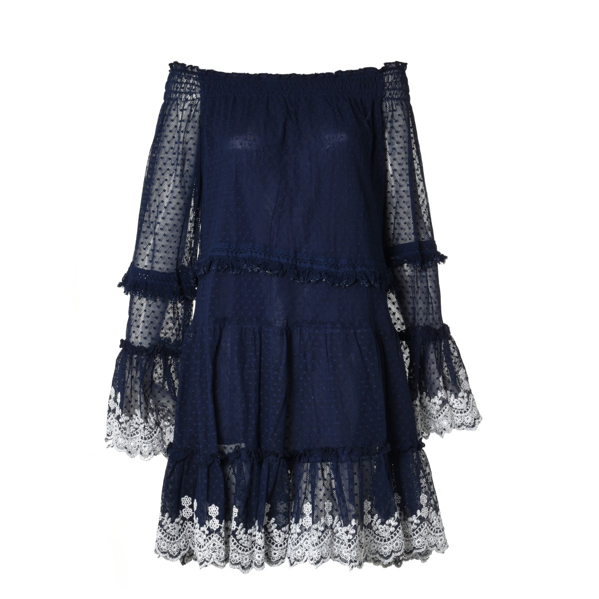 blue tulle dress with white lace wide sleeves